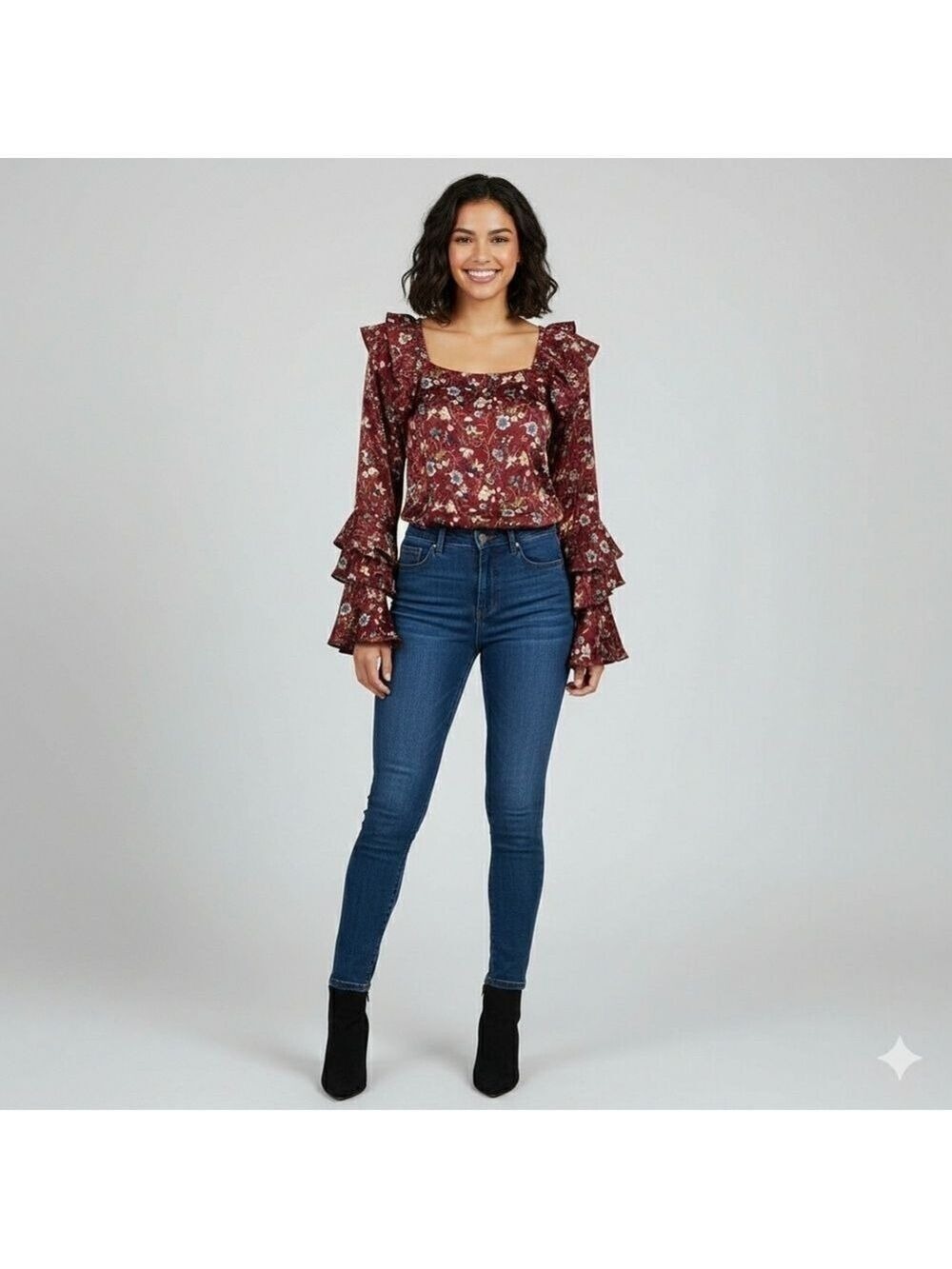 Yaya & Co Chic Burgundy Floral Blouse with Ruffle Sleeves – Size S